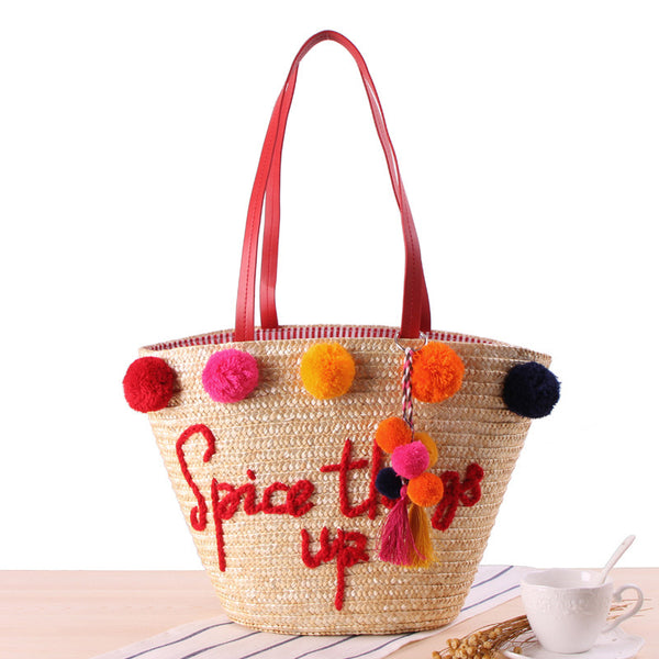 Borsa di paglia con una spalla, con lettere ricamate a mano, stile nuovo, con palline di filato colorate, alla moda, da donna, per lavorare a maglia sulla spiaggia