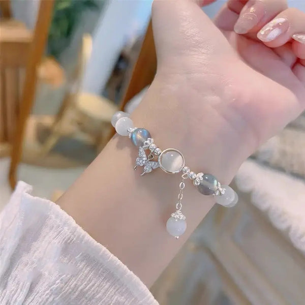 Braccialetto decorativo con pietra a forma di occhio di gatto in vetro, a forma di stella e farfalla, elegante braccialetto grigio per ragazze, ideale come regalo.