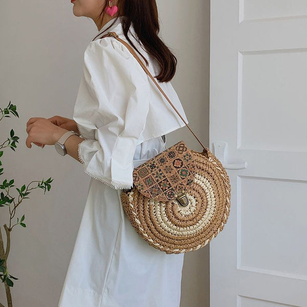 Borsa da spiaggia fatta a mano, semplice e mini, in paglia intrecciata, casual e in stile etnico.