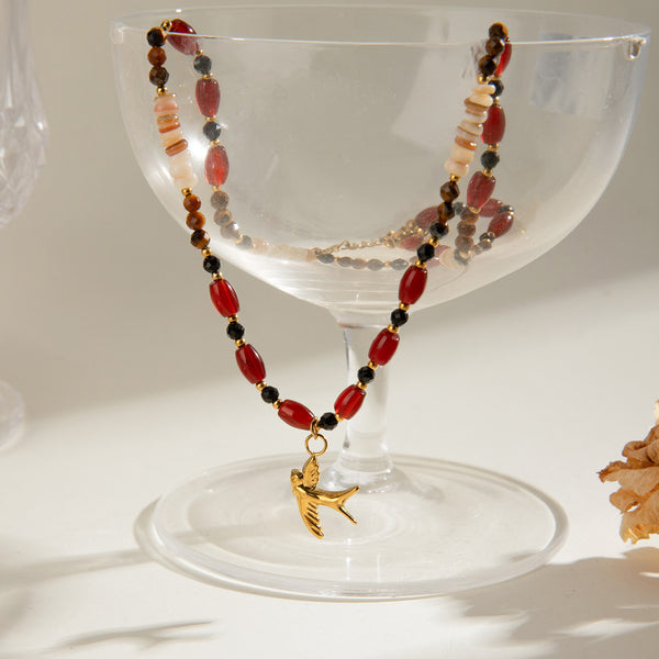 Collana con ciondolo a forma di uccello in occhio di tigre, in acciaio inossidabile, con perle di pietra naturale, per donne, con catena per clavicola alla moda.