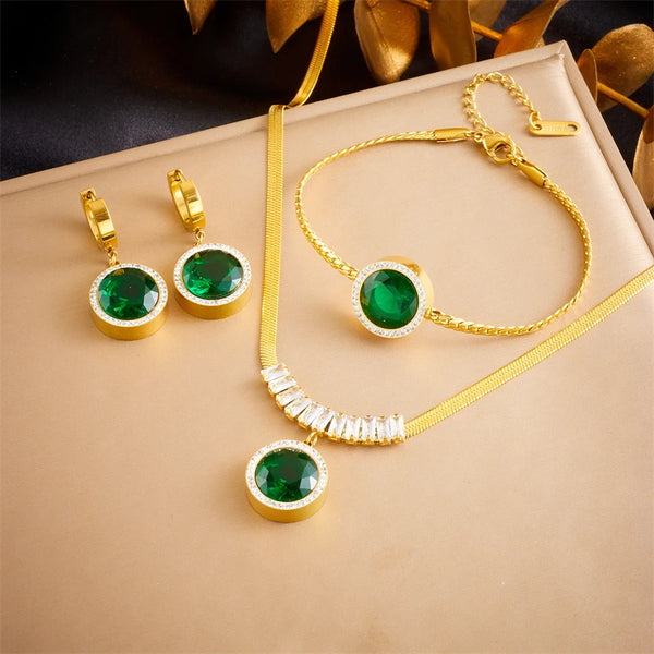 Parure in acciaio inossidabile 316L con zirconi verdi rotondi, collana, bracciale e orecchini per donna e ragazza, nuovo set di gioielli di moda per feste e regali.