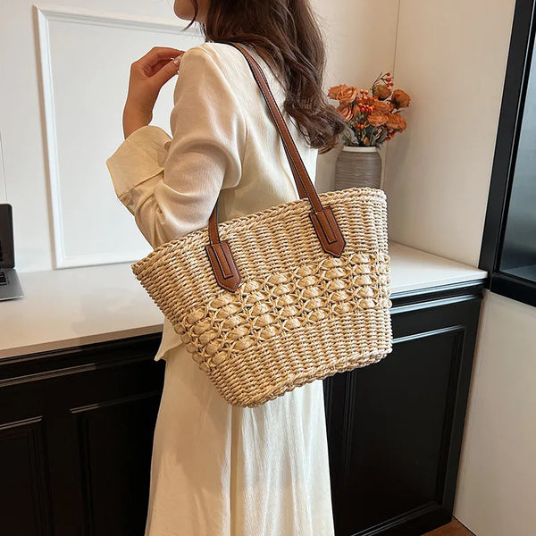 Borse di paglia estive per le donne, borse a tracolla in paglia, borsa con manico superiore in rattan intrecciato, borsa da spiaggia in rafia cava all'uncinetto, borse casual