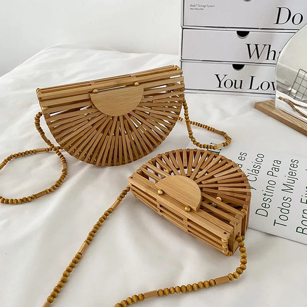 Borsa a tracolla a mezzaluna in legno alla moda per donna, borsa estiva da spiaggia in paglia intrecciata in bambù, piccola borsa per telefono in rattan, mini borsa
